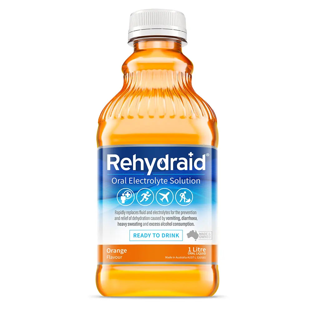 Rehydraid Orange Oral Electrolyte Solution, 1L ready-to-drink bottle for dehydration relief from vomiting, diarrhoea, sweating, and alcohol consumption. Australian-made.