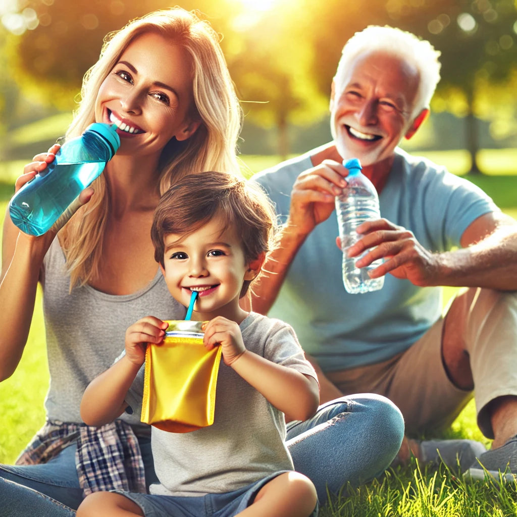 A family of three generations enjoying hydration outdoors - child, parent, and grandparent