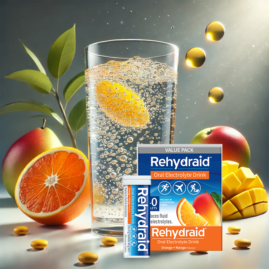Rehydraid Orange and Mango Effervescent Electrolyte Tablets dissolving in water with fresh orange and mango in the background. Therapeutic hydration solution for Australia.