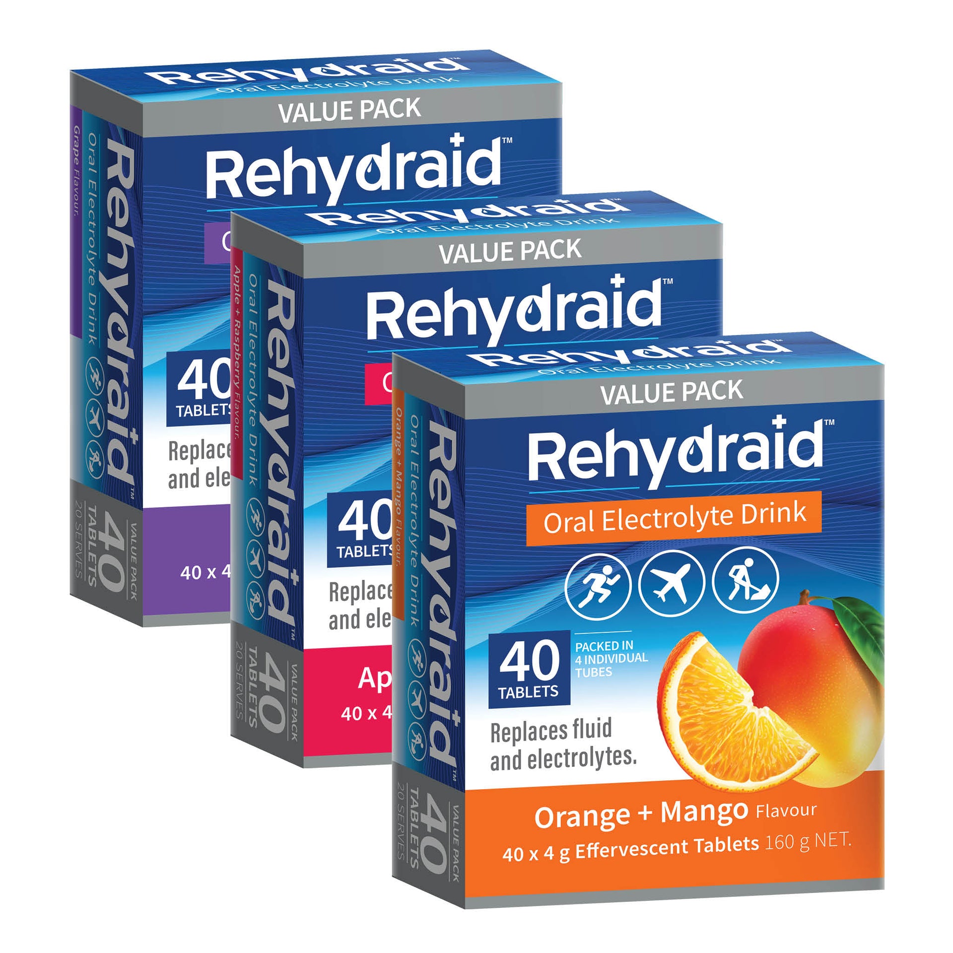 Rehydraid Electrolyte Effervescent Tablets – 3 x 40 Tablet Variety Pack