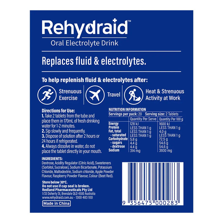 Back of Rehydraid Apple + Raspberry Oral Electrolyte Tablets 40 pack, showing ingredients, directions for use, nutrition information, and manufacturer details.