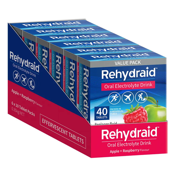 Display box of Rehydraid Apple + Raspberry Oral Electrolyte Tablets 40 pack, showing 6 individual packs in a branded shelf-ready tray.