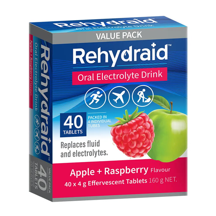 Rehydraid Apple + Raspberry Oral Electrolyte Tablets, 40 pack, front of box. Replaces fluid and electrolytes. Great for dehydration from vomiting, diarrhoea, travel, heat, and exercise.