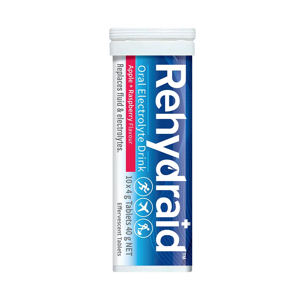 Rehydraid Apple + Raspberry Oral Electrolyte Effervescent Tablet Tube, containing 10 tablets for rapid hydration and electrolyte support.
