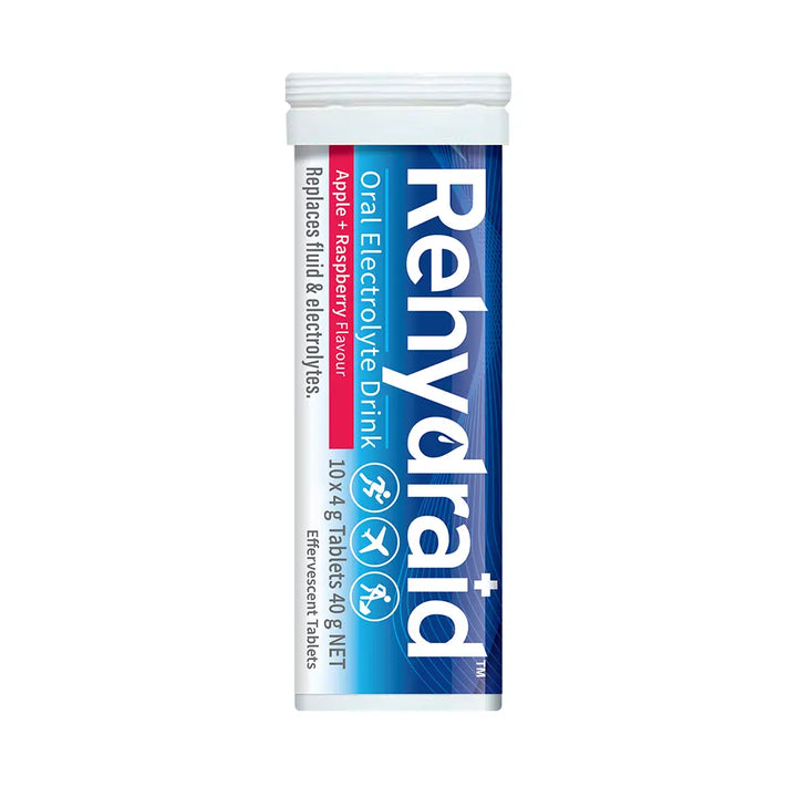 Rehydraid Apple + Raspberry Oral Electrolyte Effervescent Tablet Tube, containing 10 tablets for rapid hydration and electrolyte support.