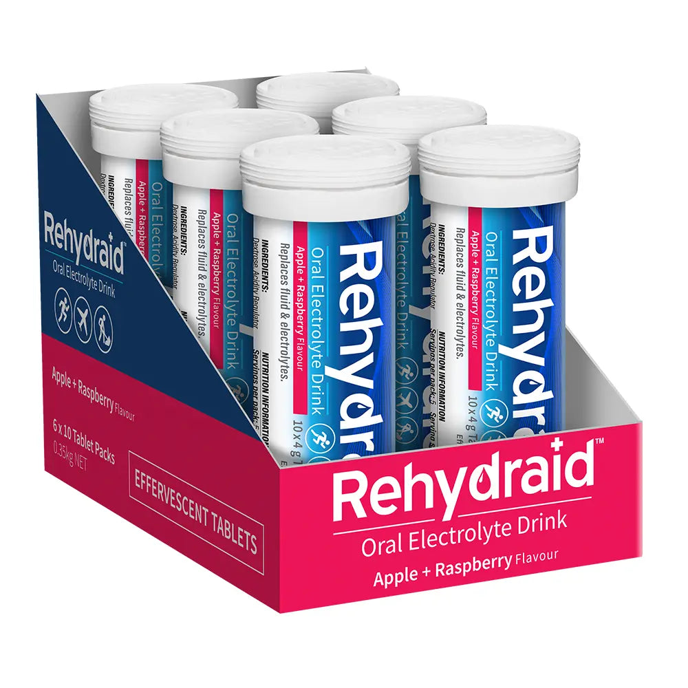 Shelf-ready tray of Rehydraid Apple + Raspberry Effervescent Tablet Tubes, showing 6 tubes in branded display packaging for hydration support.