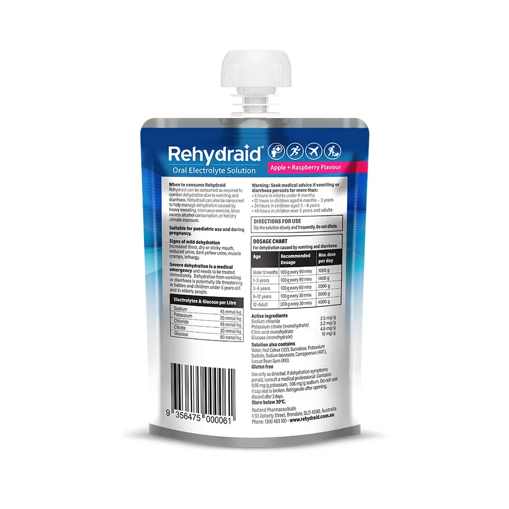 Back of Rehydraid Apple + Raspberry Electrolyte Jelly Bag 100g, showing ingredients, dosage chart, directions for use, and dehydration usage guidelines. Australian-made.