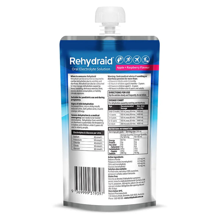 Back of Rehydraid Apple + Raspberry Oral Electrolyte Solution 250mL pouch showing ingredients, dosage chart, directions for use, and nutritional information.
