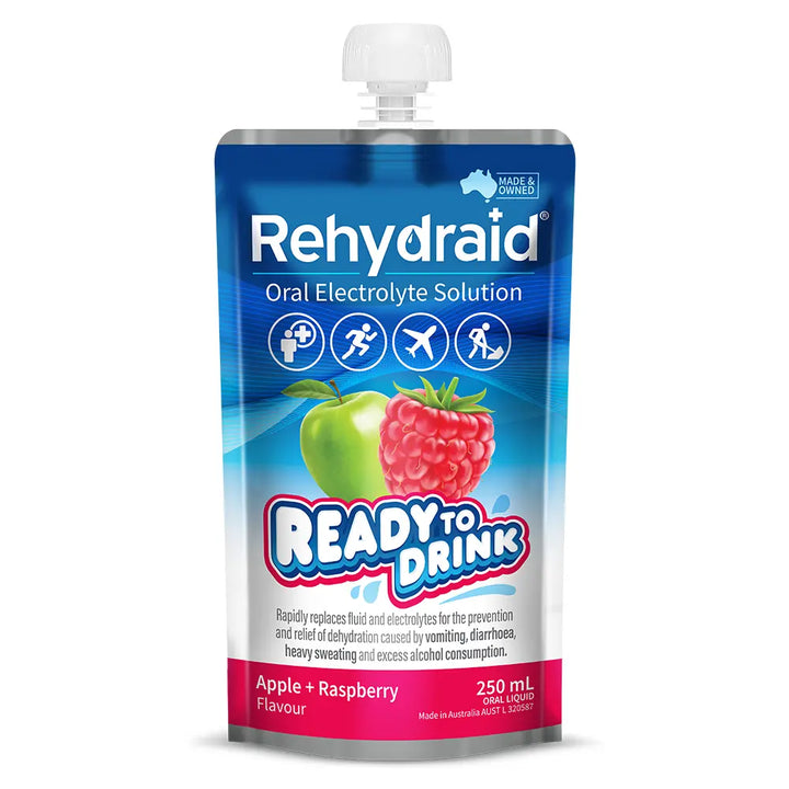 Rehydraid Apple + Raspberry Oral Electrolyte Solution, 250mL ready-to-drink pouch for dehydration relief from vomiting, diarrhoea, sweating, and alcohol consumption. Australian-made.