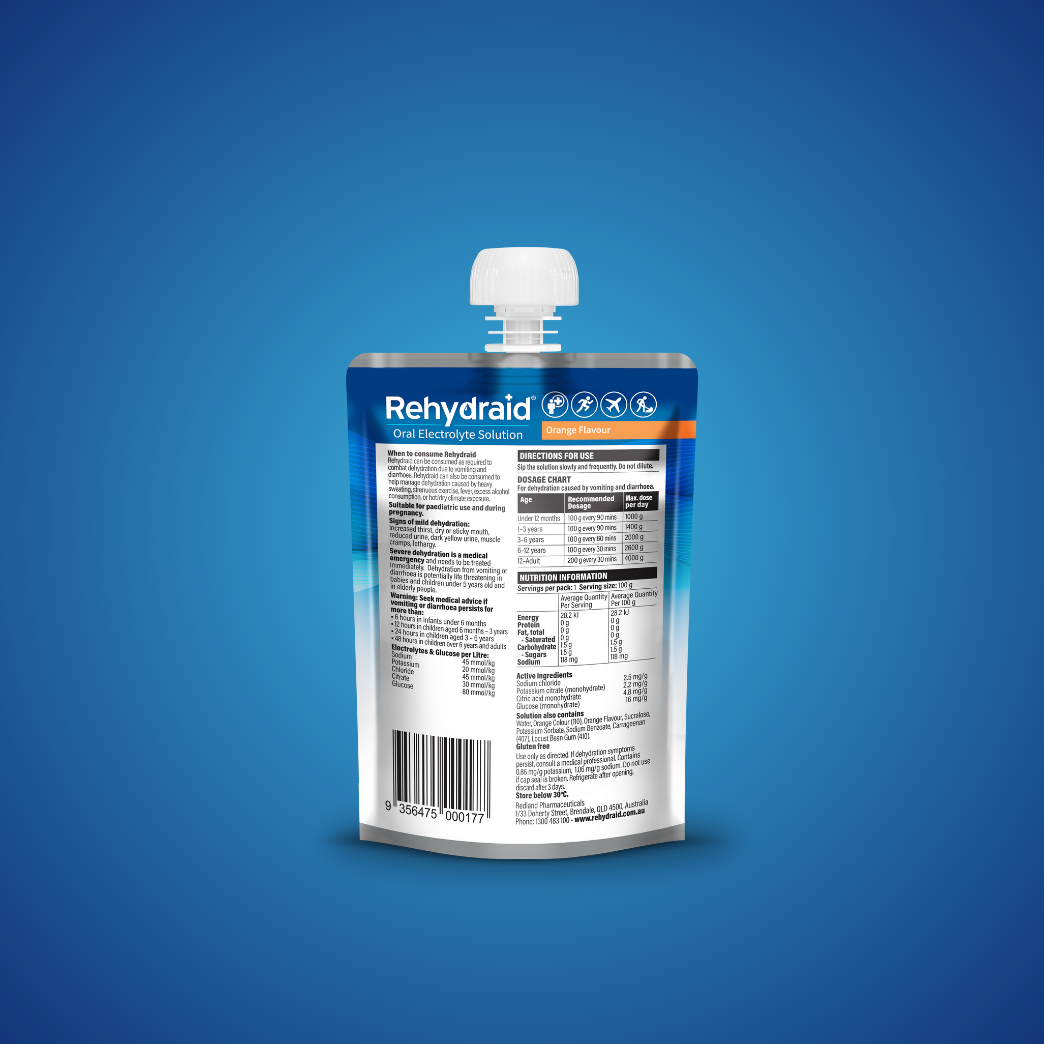 Back of Rehydraid Orange Flavour Oral Electrolyte Solution Jelly Bag, 100g, showing usage instructions, dosage chart, ingredients, and nutritional information. Suitable for ages 12 months and up.