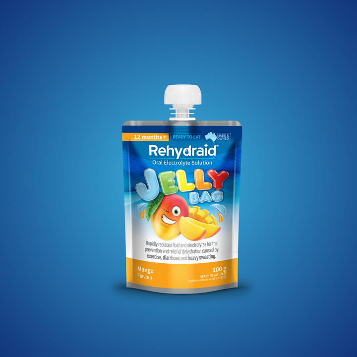 Rehydraid Mango Flavour Oral Electrolyte Solution Jelly Bag, 100g ready-to-eat pouch for dehydration relief from exercise, diarrhoea, and heavy sweating. Suitable for ages 12 months and up, Australian-made.