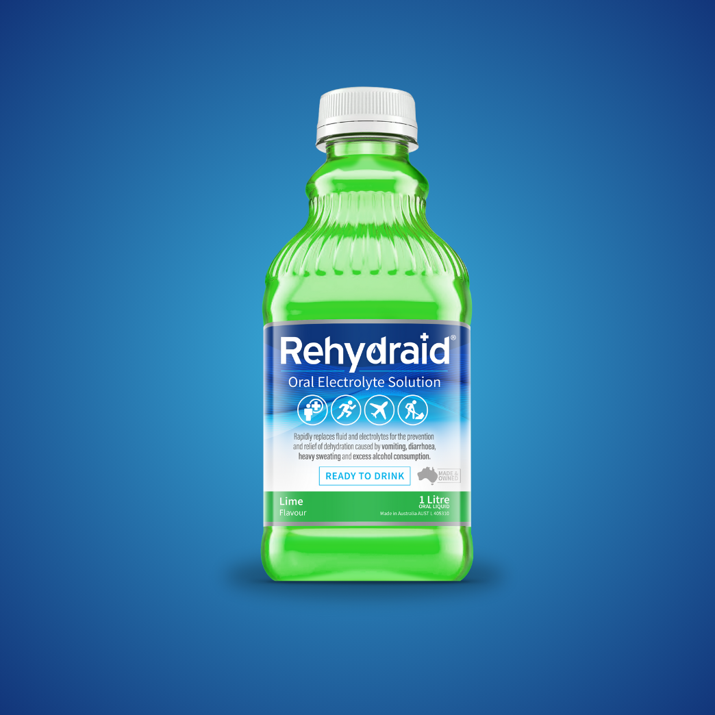 Rehydraid Lime Flavour Oral Electrolyte Solution, 1 Litre ready-to-drink bottle for dehydration relief from vomiting, diarrhoea, sweating, and alcohol consumption. Australian-made.