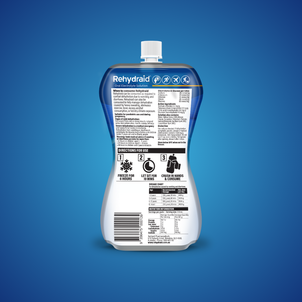 Back of Rehydraid Mango Flavour Oral Electrolyte Solution slushy pouch, 250 mL, with instructions to freeze for 6 hours, let sit for 10 minutes, and crush to consume. Includes usage instructions, dosage chart, ingredients, and nutritional information.