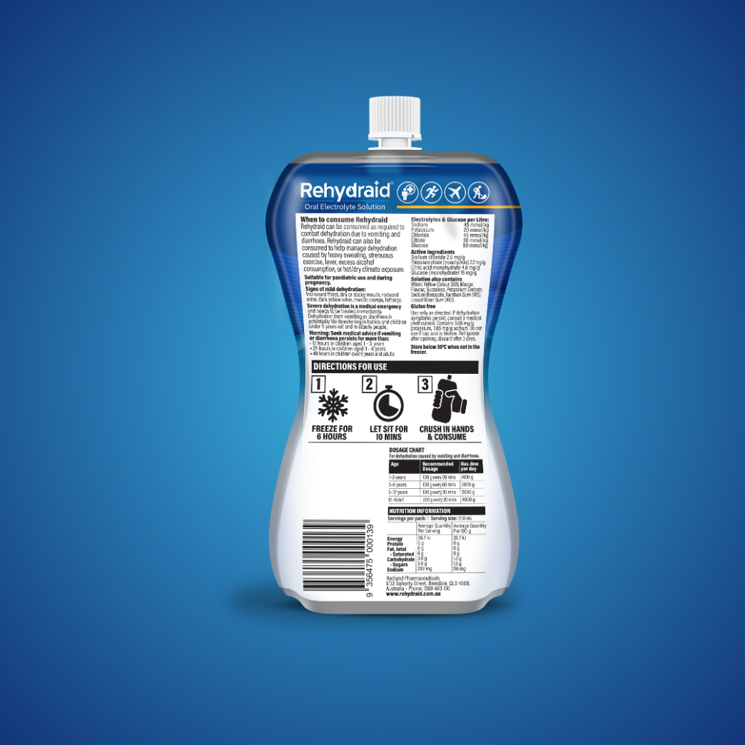 Back of Rehydraid Oral Electrolyte Solution Slushy pouch in orange flavour, 250 mL. Displays directions for use: freeze for 6 hours, let sit for 10 minutes, then crush and consume. Includes usage instructions, dosage chart, ingredients, and nutritional information.