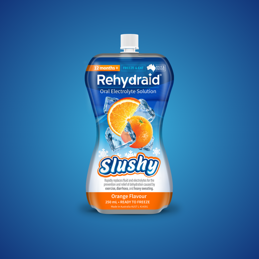 Rehydraid Oral Electrolyte Solution Slushy in orange flavour, 250 mL pouch, ready to freeze. Designed to relieve dehydration caused by exercise, diarrhoea, and heavy sweating. Suitable for ages 12 months and up, made in Australia.