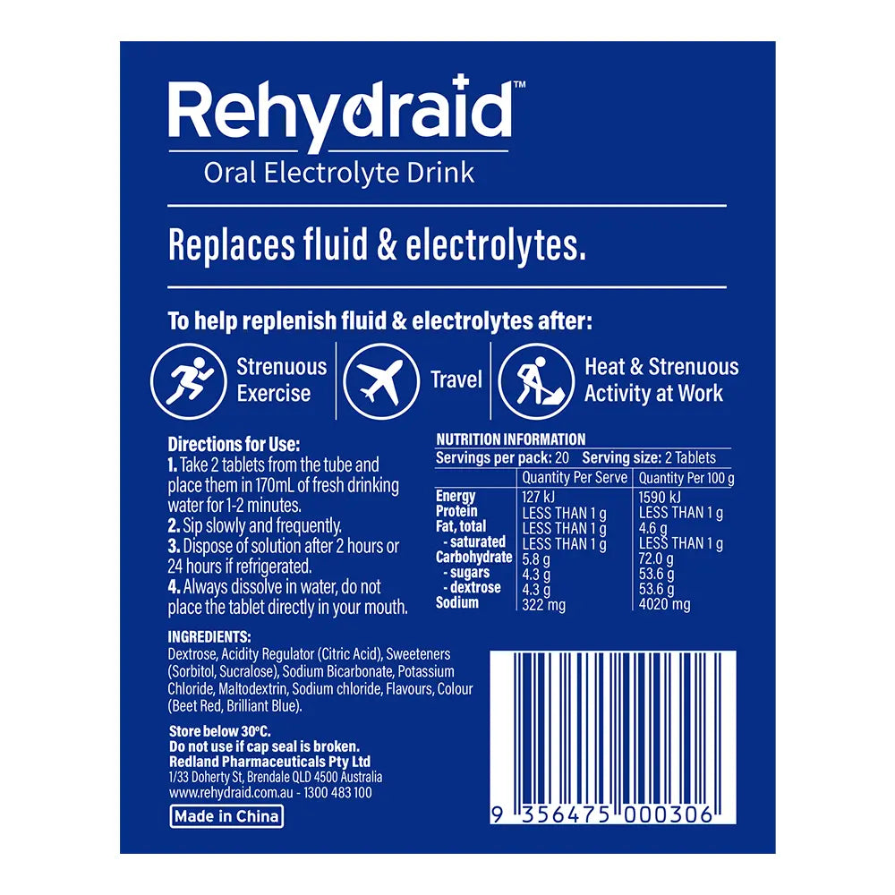Back of Rehydraid Grape Oral Electrolyte Tablets 40 pack, showing ingredients, directions for use, nutrition information, and manufacturer details.