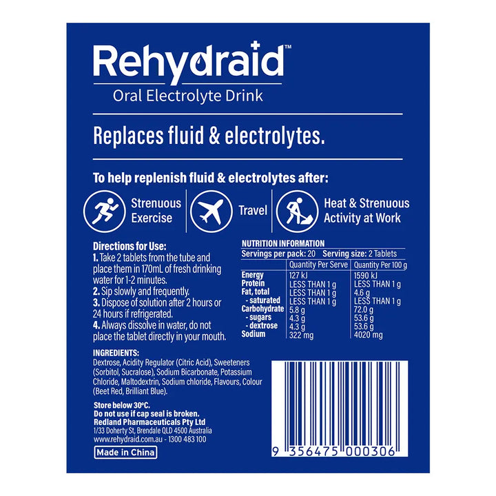 Back of Rehydraid Grape Oral Electrolyte Tablets 40 pack, showing ingredients, directions for use, nutrition information, and manufacturer details.