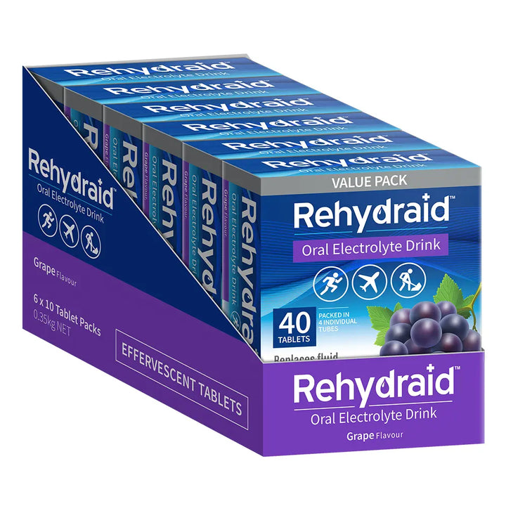 Display box of Rehydraid Grape Oral Electrolyte Tablets 40 pack, showing 6 individual packs in a branded shelf-ready tray.