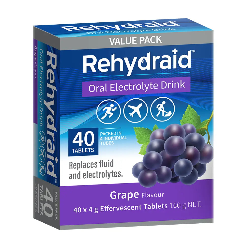 Front of Rehydraid Grape Oral Electrolyte Tablets 40 pack, showing packaging, flavour, and hydration benefits for dehydration relief.