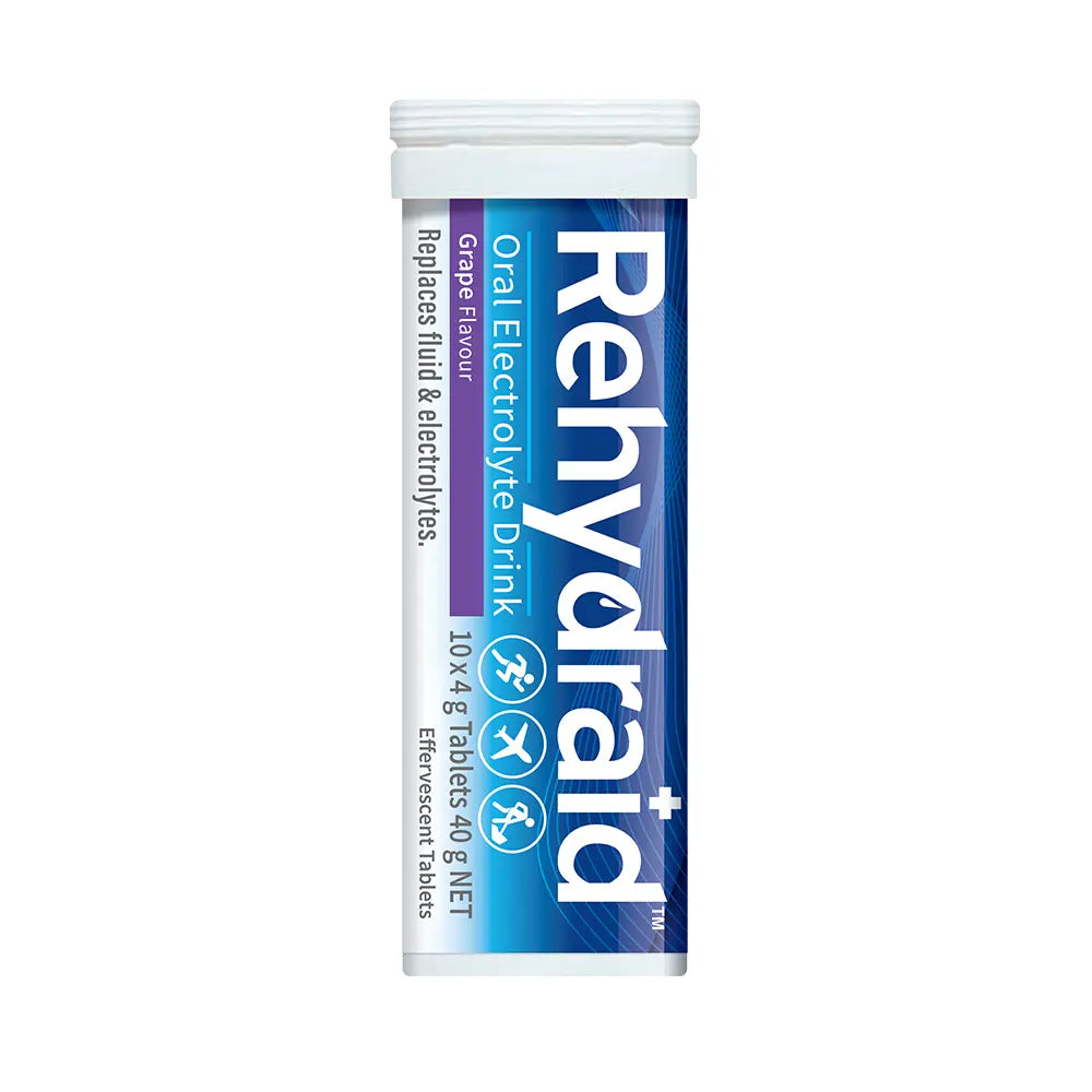 Rehydraid Grape Oral Electrolyte Effervescent Tablet Tube, containing 10 tablets for hydration and electrolyte support.
