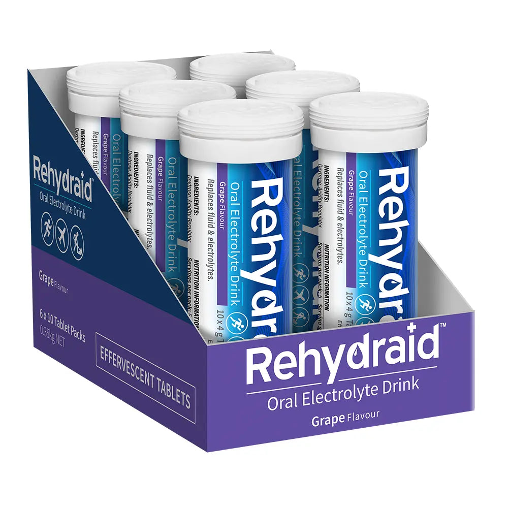 Shelf-ready tray of Rehydraid Grape Effervescent Tablet Tubes, showing 6 tubes in branded display packaging.