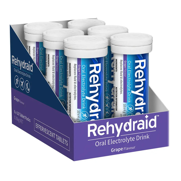 Shelf-ready tray of Rehydraid Grape Effervescent Tablet Tubes, showing 6 tubes in branded display packaging.