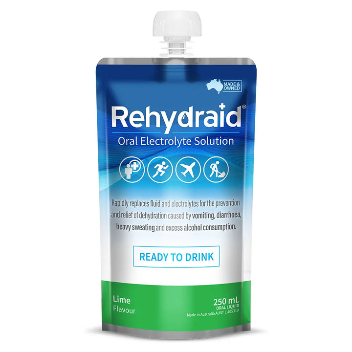 Rehydraid Lime Oral Electrolyte Solution, 250mL ready-to-drink pouch for dehydration relief from vomiting, diarrhoea, sweating, and alcohol consumption. Australian-made.