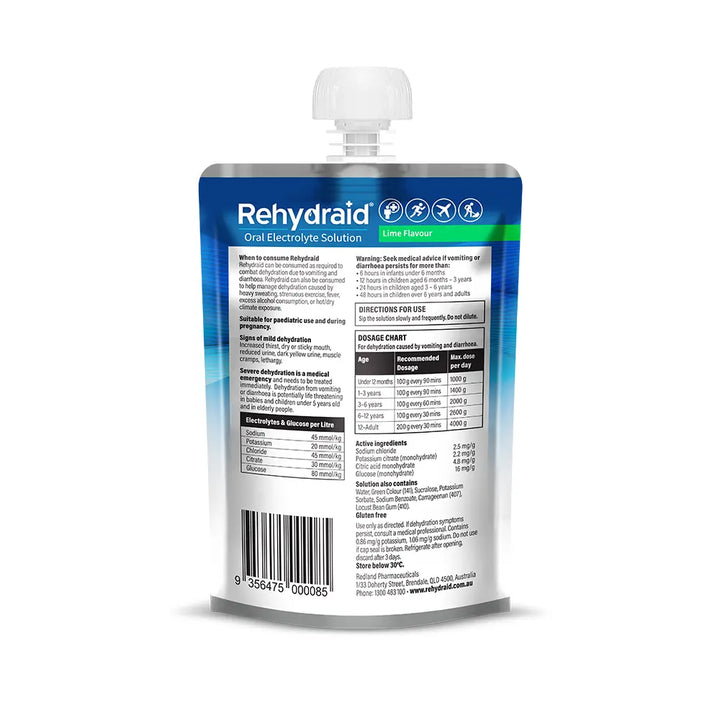Back of Rehydraid Lime Electrolyte Jelly Bag 100g, showing ingredients, dosage guide, directions for use, and dehydration symptoms. Australian-made.