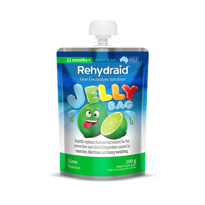 Front of Rehydraid Lime Electrolyte Jelly Bag 100g, ready-to-eat pouch for dehydration relief from exercise, diarrhoea, and heavy sweating. Australian-made.