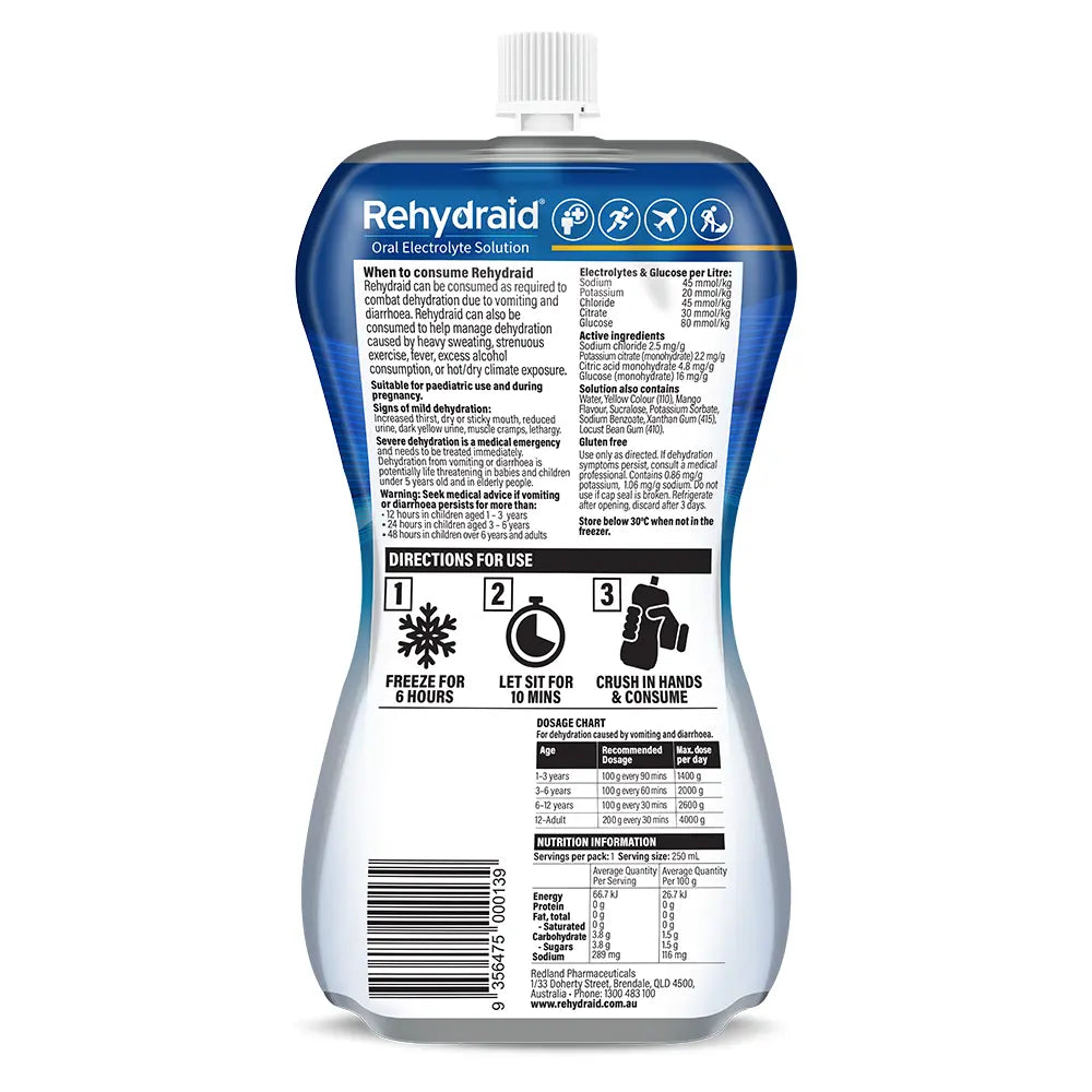 Back of Rehydraid Mango Electrolyte Slushy's 250mL pouch showing directions, dosage chart, ingredients, and nutritional information. Australian-made.