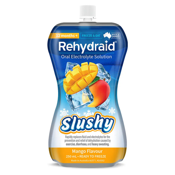 Front of Rehydraid Mango Electrolyte Slushy's 250mL pouch, ready-to-freeze hydration product for dehydration relief from exercise, diarrhoea, and heavy sweating. Australian-made.
