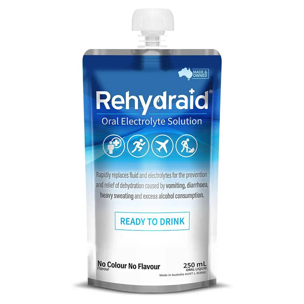 Rehydraid No Colour No Flavour Oral Electrolyte Solution, 250mL ready-to-drink pouch for dehydration relief from vomiting, diarrhoea, sweating, and alcohol consumption. Australian-made.