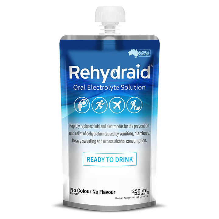 Rehydraid No Colour No Flavour Oral Electrolyte Solution, 250mL ready-to-drink pouch for dehydration relief from vomiting, diarrhoea, sweating, and alcohol consumption. Australian-made.