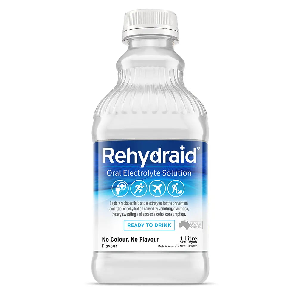 Rehydraid No Colour No Flavour Oral Electrolyte Solution, 1L ready-to-drink bottle for dehydration relief from vomiting, diarrhoea, sweating, and alcohol consumption. Australian-made.