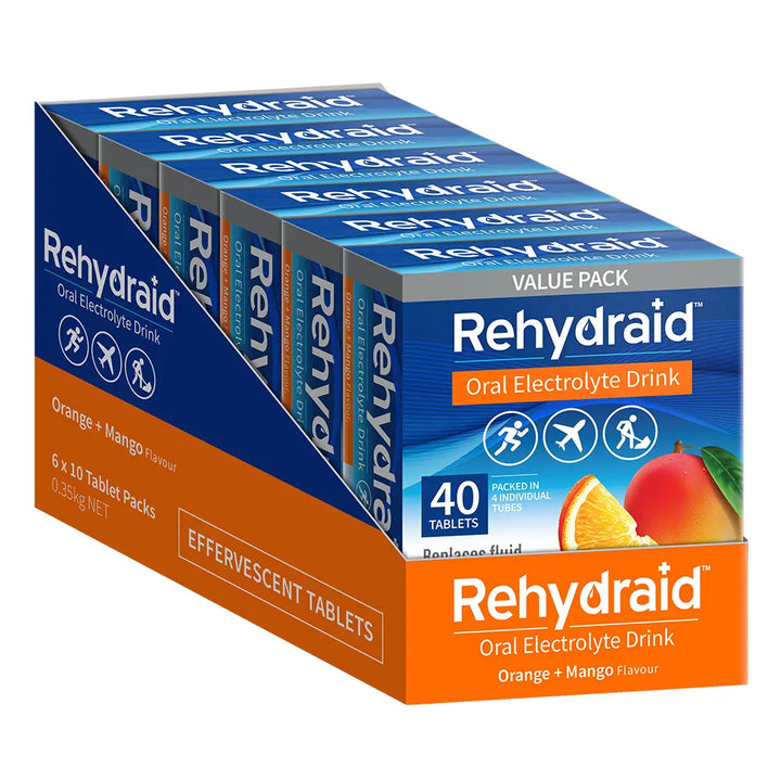 Display box of Rehydraid Orange + Mango Oral Electrolyte Tablets 40 pack, showing 6 individual packs in a branded shelf-ready tray.