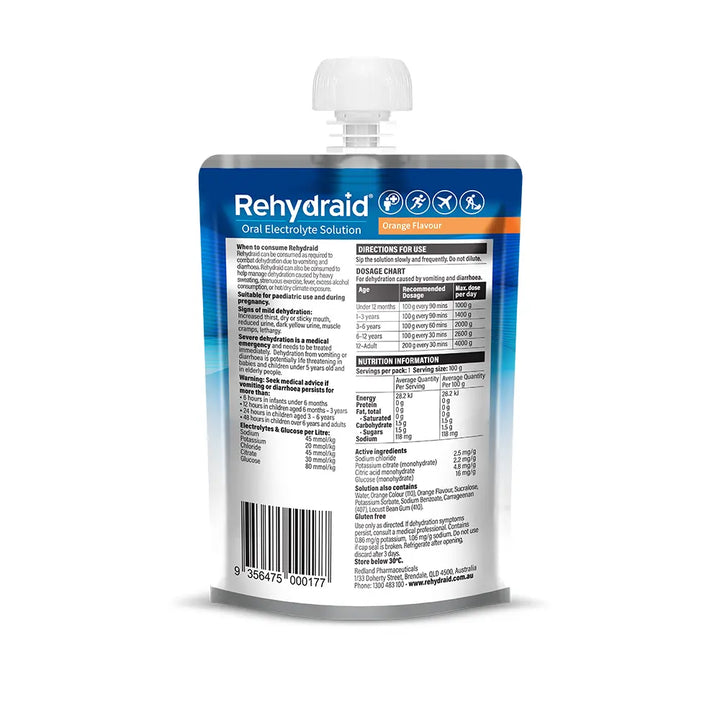 Back of Rehydraid Orange Electrolyte Jelly Bag 100g, showing ingredients, dosage chart, usage instructions, and hydration benefits. Australian-made.
