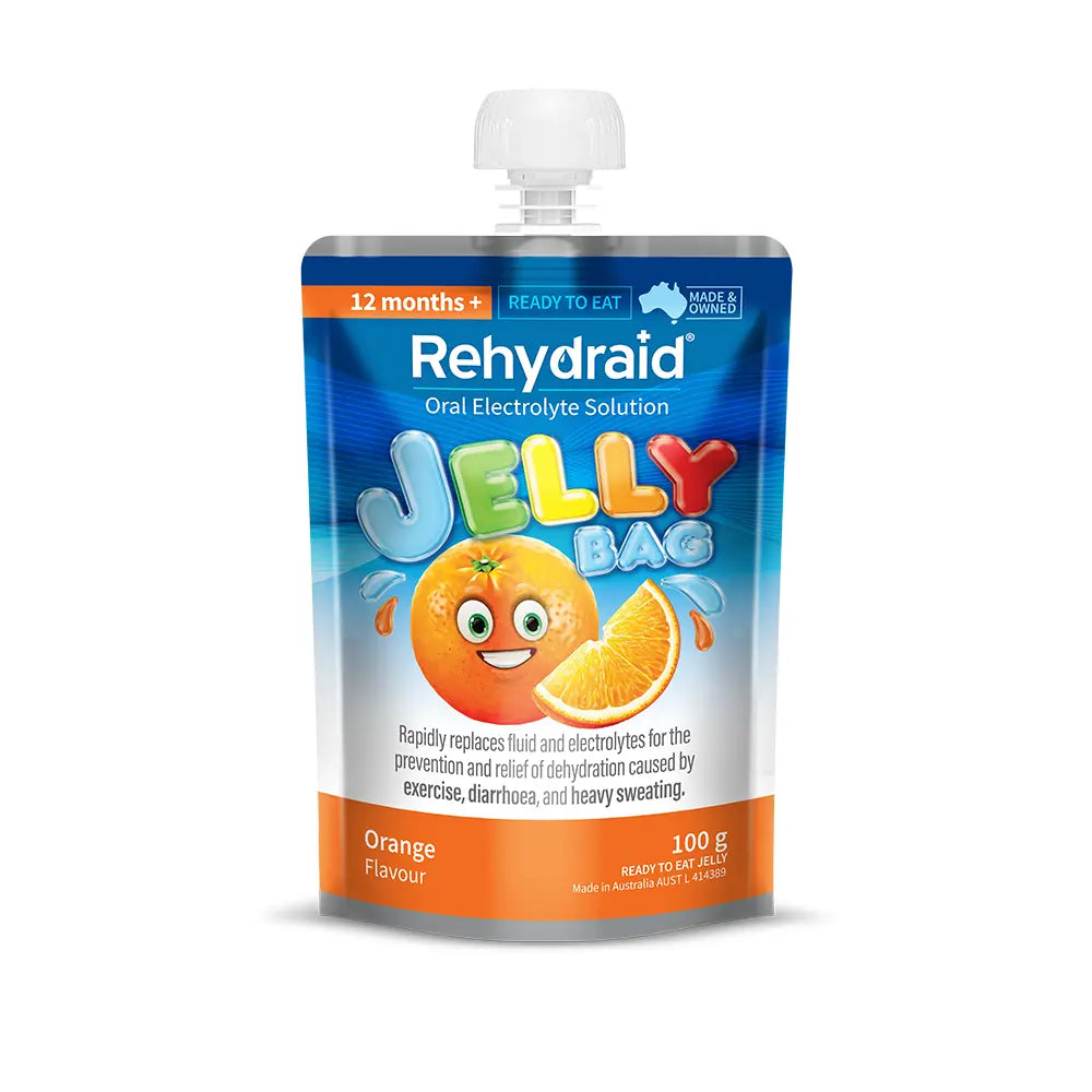 Front of Rehydraid Orange Electrolyte Jelly Bag 100g, ready-to-eat pouch for dehydration relief from exercise, diarrhoea, and heavy sweating. Australian-made.