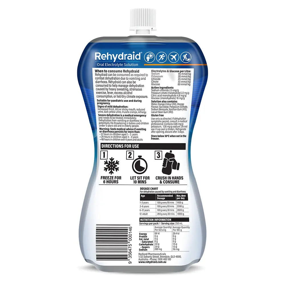 Back of Rehydraid Orange Electrolyte Slushy's 250mL pouch with dosage chart, ingredients, usage directions, and electrolyte information. Australian-made.