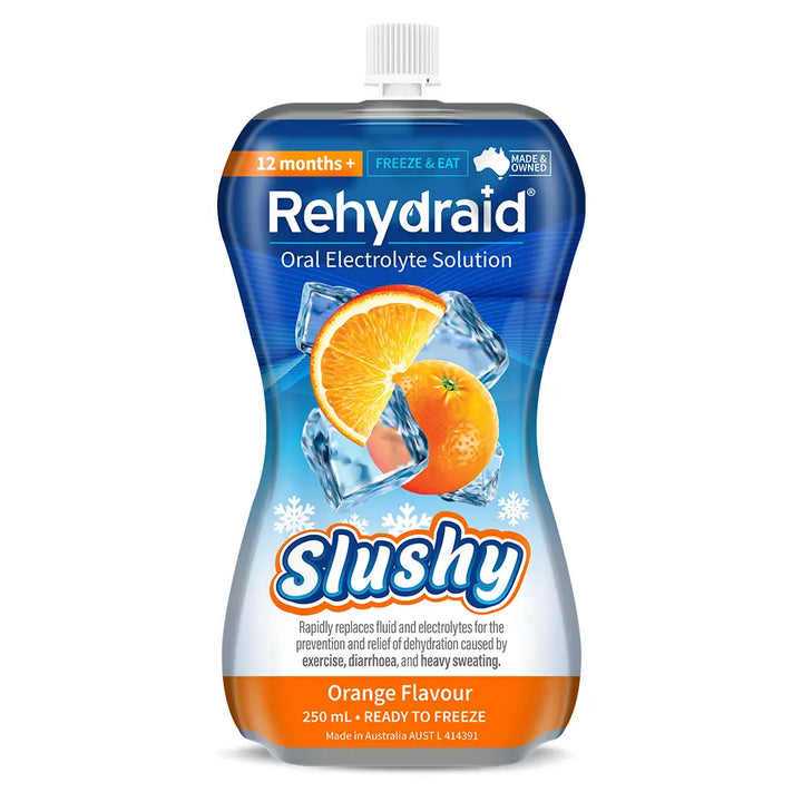 Rehydraid Orange Electrolyte Slushy's, 250mL ready-to-freeze pouch for dehydration relief from vomiting, diarrhoea, sweating, and alcohol consumption. Australian-made.