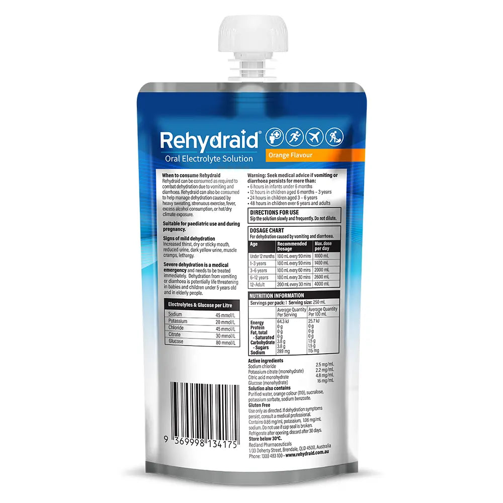 Back of Rehydraid Orange Oral Electrolyte Solution 250mL pouch showing ingredients, nutrition information, dosage chart, and directions. Australian-made.