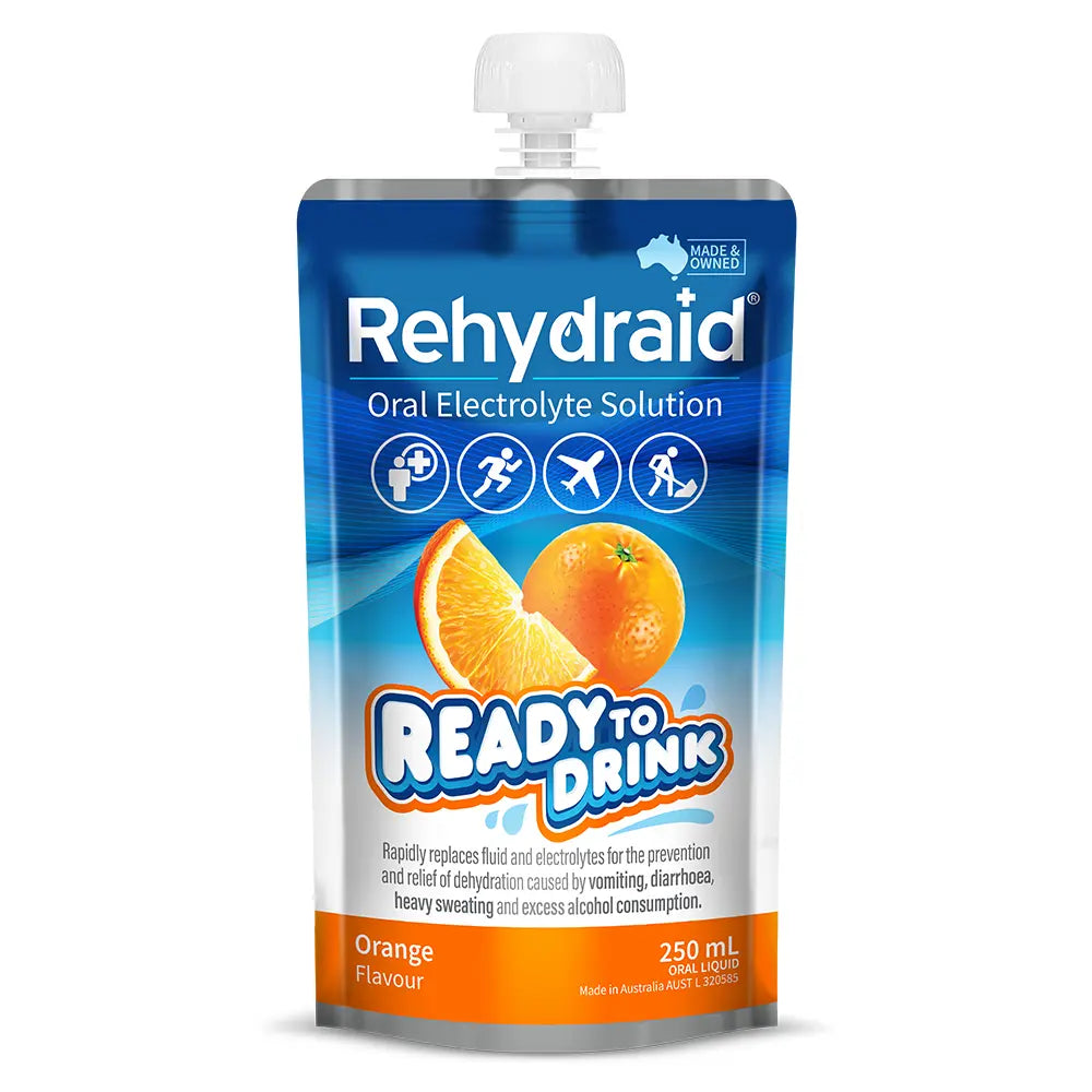 Rehydraid Orange Oral Electrolyte Solution, 250mL ready-to-drink pouch for dehydration relief from vomiting, diarrhoea, sweating, and alcohol consumption. Australian-made.