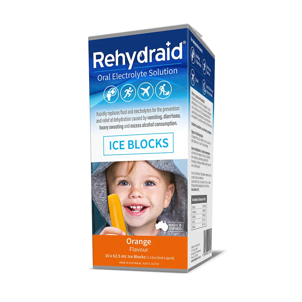 Rehydraid Orange Oral Electrolyte Ice Blocks, 16 x 62.5mL ready-to-freeze blocks for dehydration relief from vomiting, diarrhoea, sweating, and alcohol consumption. Australian-made.