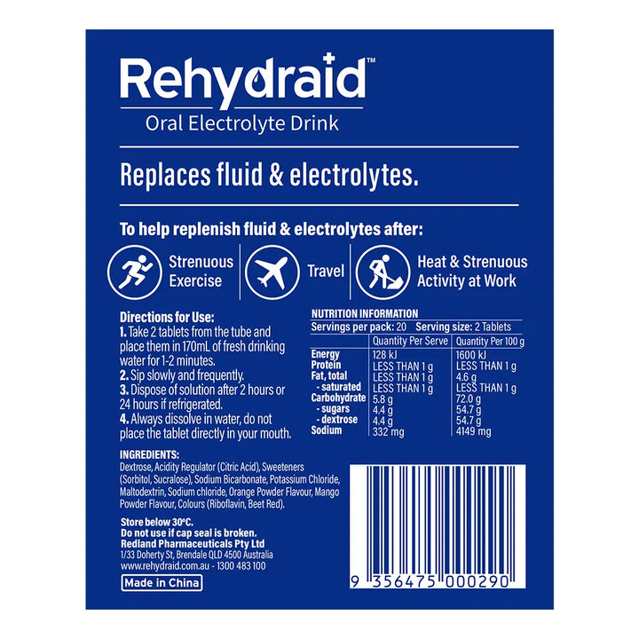 Back of Rehydraid Orange + Mango Oral Electrolyte Tablets 40 pack, showing ingredients, directions for use, nutrition information, and manufacturer details.