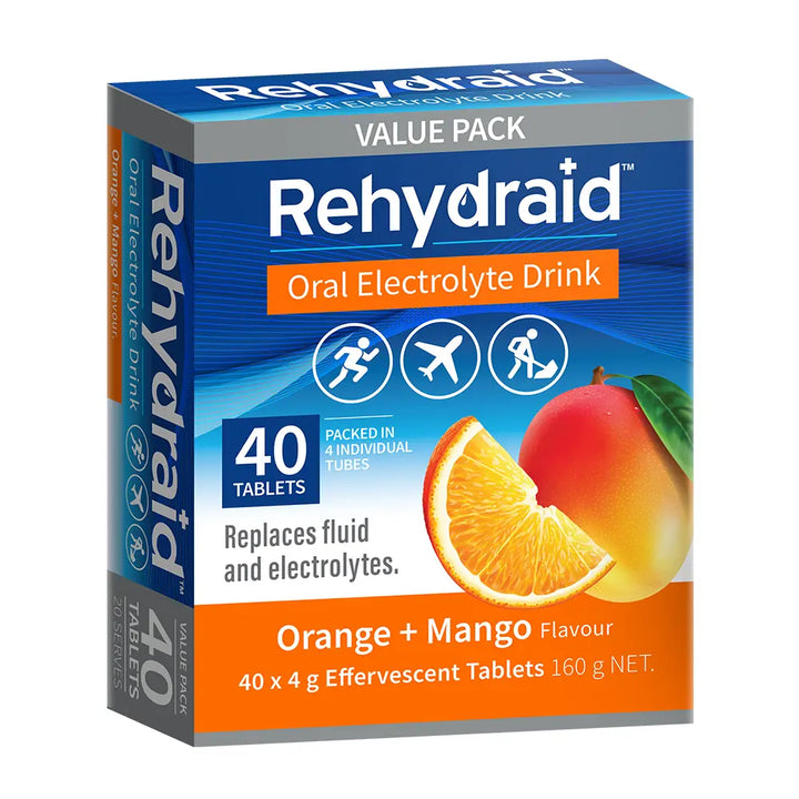 Front of Rehydraid Orange + Mango Oral Electrolyte Tablets 40 pack, showing packaging, flavour, and key benefits for hydration and electrolyte replacement.