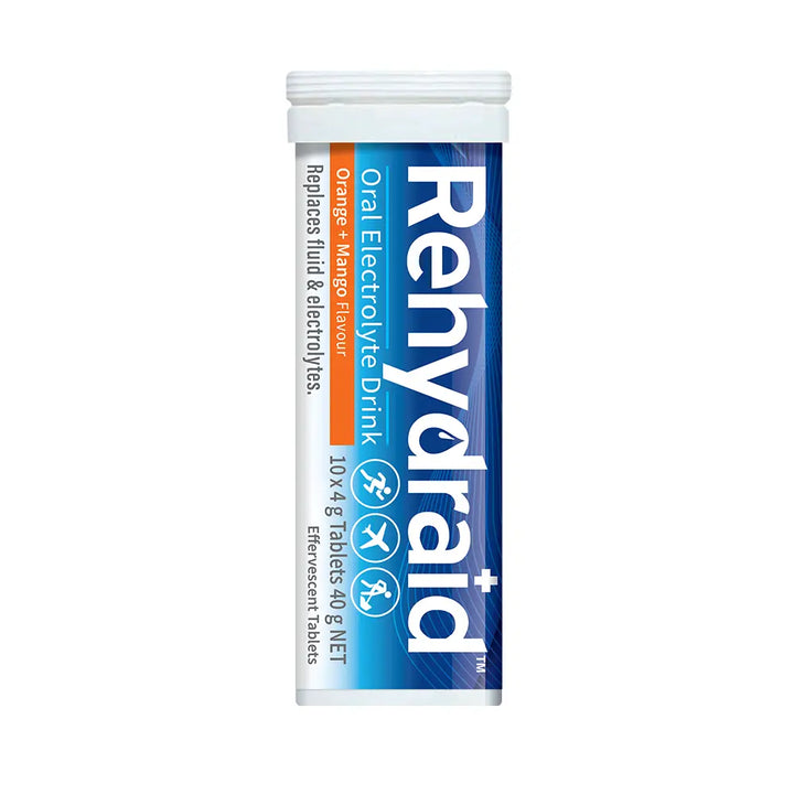 Rehydraid Orange + Mango Oral Electrolyte Effervescent Tablet Tube, containing 10 tablets to support hydration and electrolyte balance.