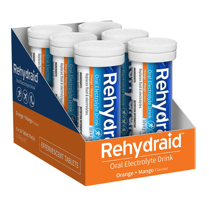 Shelf-ready tray of Rehydraid Orange + Mango Effervescent Tablet Tubes, showing 6 tubes in branded display packaging for hydration support.